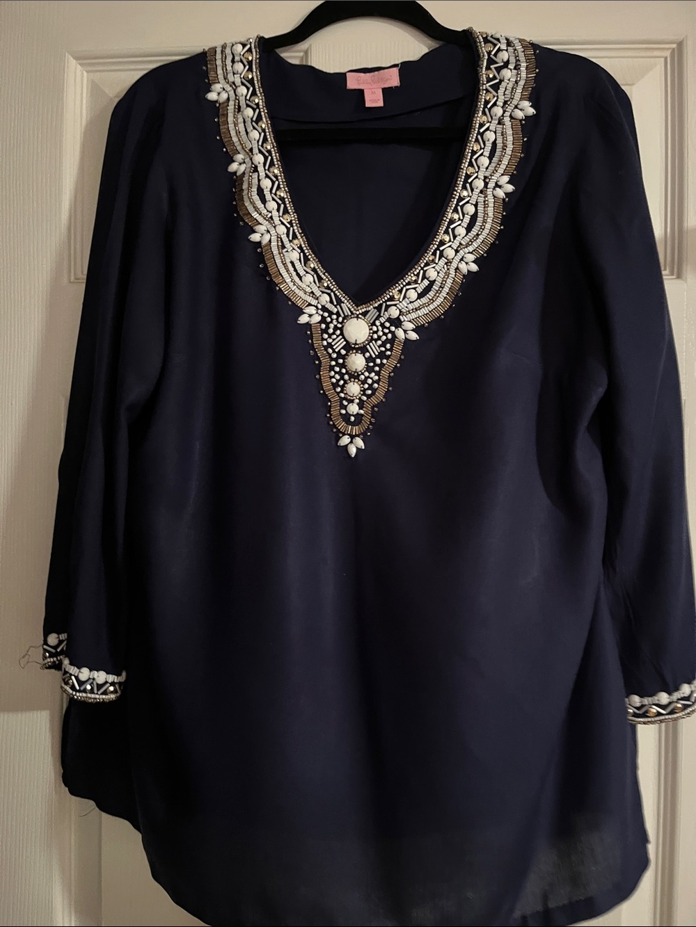 Lily Pulitzer Embroidered beaded V-Neck Navy Women's Top - Pink Tag